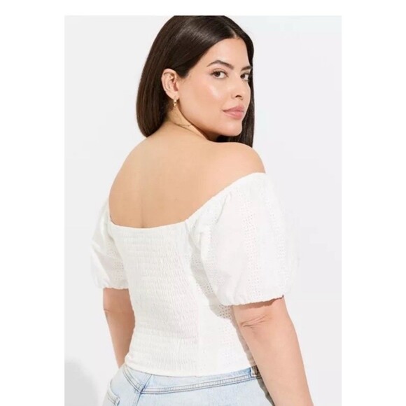 Torrid Eyelet Off Shoulder Crop Top 4X White Smocked Keyhole NEW Boho Cottage - Picture 2 of 13